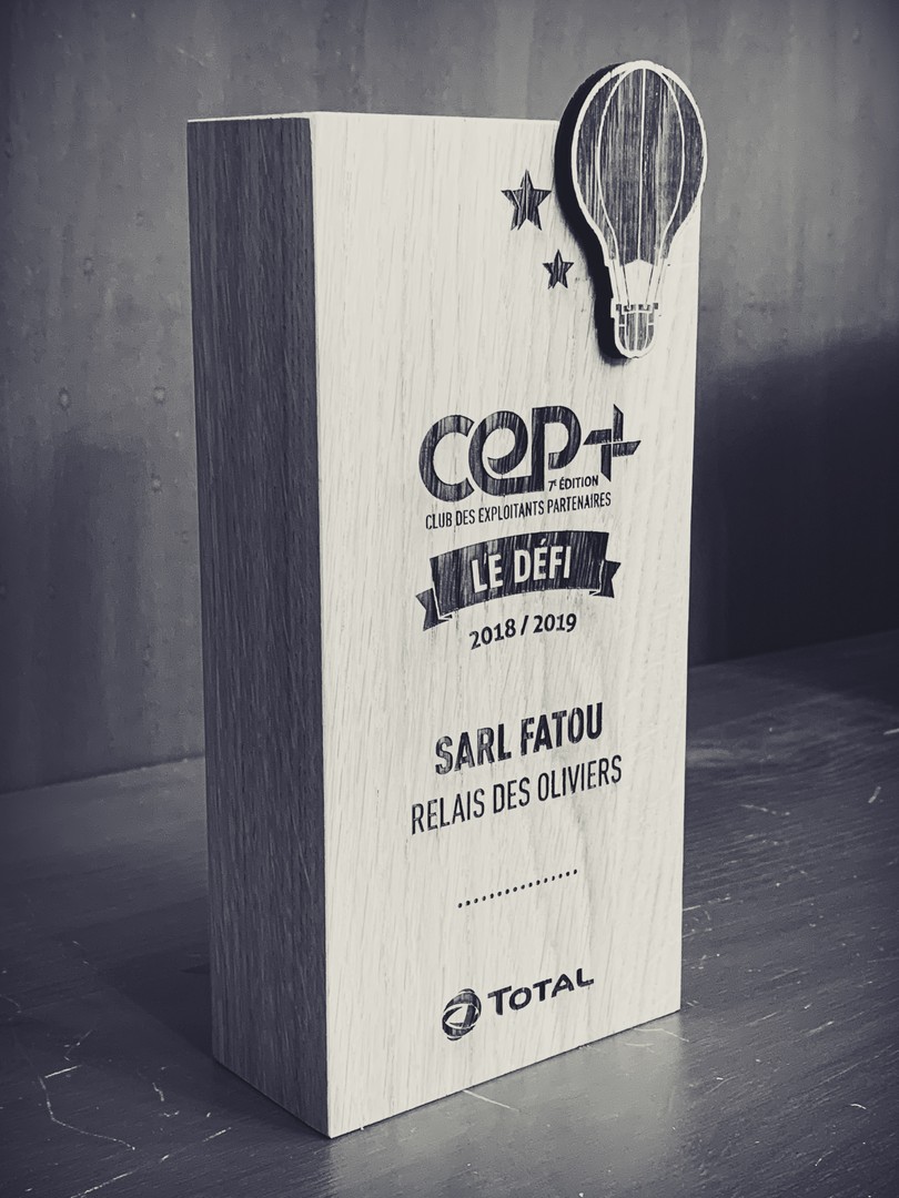 Trophées récompenses en bois chêne massif avec un empiècement en chêne gravés par laser CEP pour agence I-Communication et Total