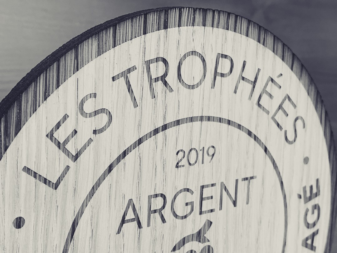 Trophées vignobles bordeaux engagés en bois chêne prix spécial pour magazine Terre de Vins 2019 gravure laser