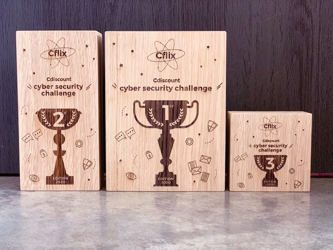 Découpe et gravure laser de trophées pour le Cdiscount cyber security challenge édition CFLIX