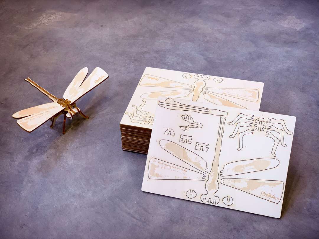 Gravure et découpe Laser d'une carte de vœux en bois construction à monter soi-même pour l'agence de communication Libellule Production