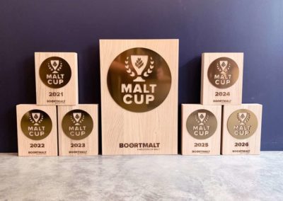 Trophée personnalisé en bois et acrylique or pour la Malt Cup 2021 par Boortmalt.