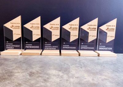 Trophée CAPEB en bois de chêne avec personnalisation sur-mesure.