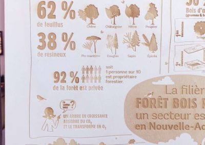 Gravure et découpe laser d'un panneau signalétique d'infographie pour la fillière bois papier Fibois Aquitaine en partenariat avec Aggelos