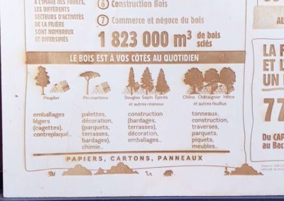 Gravure et découpe laser d'un panneau signalétique d'infographie pour la fillière bois papier Fibois Aquitaine en partenariat avec Aggelos