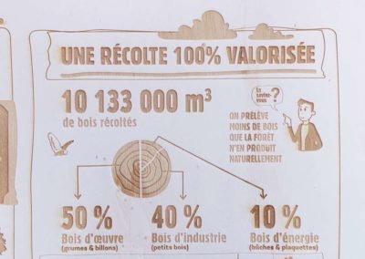 Gravure et découpe laser d'un panneau signalétique d'infographie pour la fillière bois papier Fibois Aquitaine en partenariat avec Aggelos